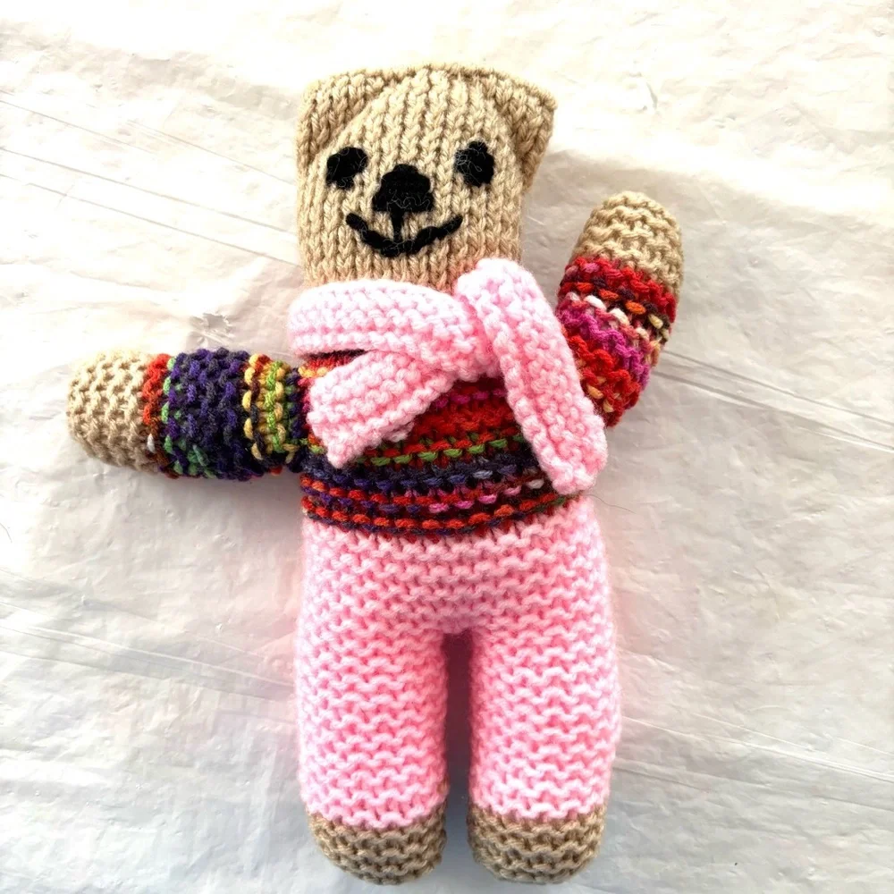 Hand Knitted Pink & Multicolor Teddy Bear Handmade. New